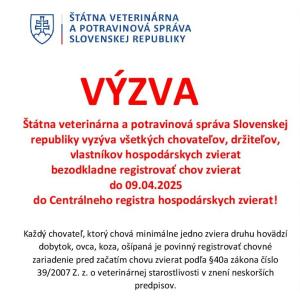 VÝZVA NA REGISTRÁCIU CHOVU V CENTRÁLNOM REGISTRI HOSPODÁRSKYCH ZVIERAT