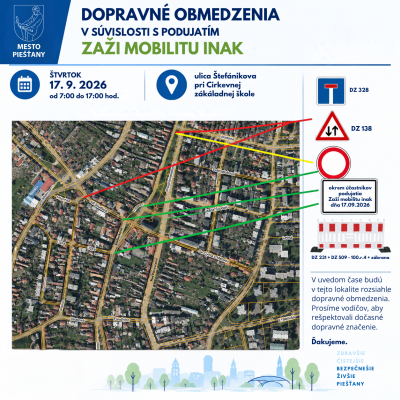 Dopravné obmedzenia pri podujatí Zaži mobilitu inak v Piešťanoch 17. septembra 2026