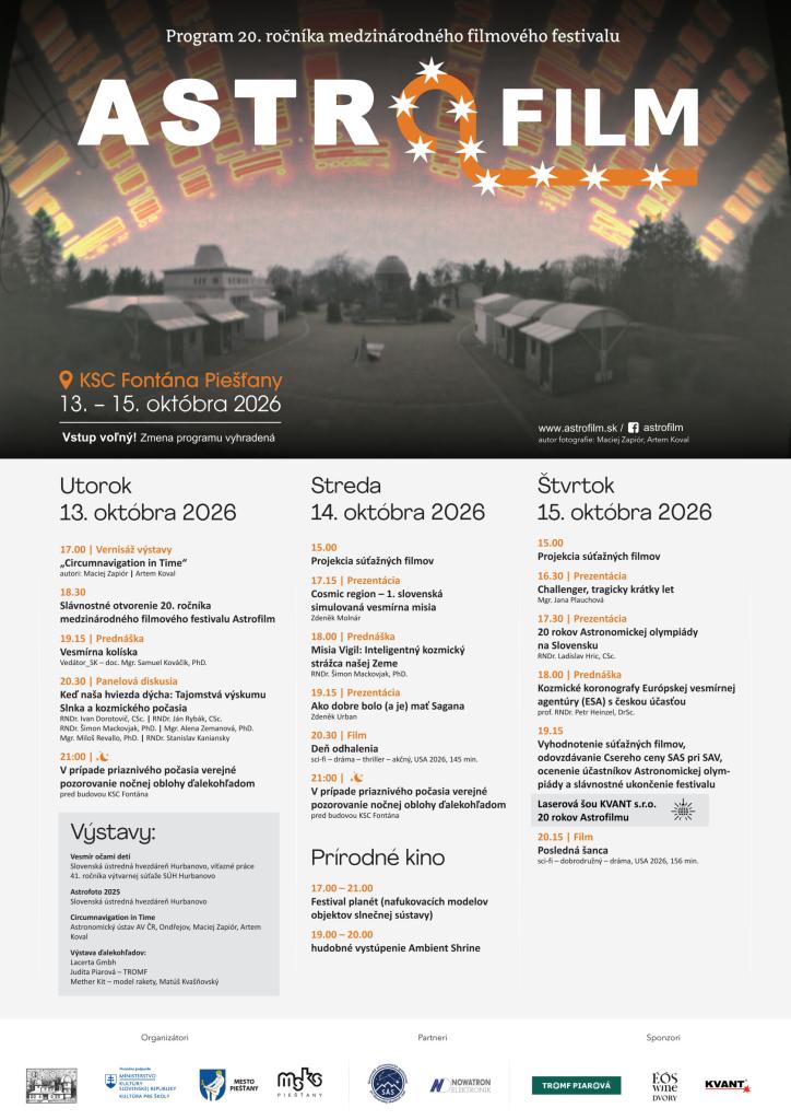 20. ročník medzinárodného filmového festivalu Astrofilm v Piešťanoch (13.–15. októbra 2026)