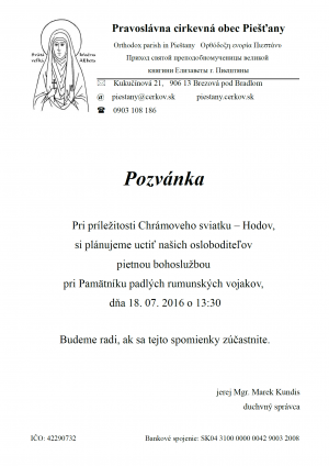 Pozvánka na pietnu bohoslužbu 1